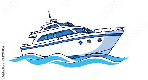 A modern luxury motor yacht in white and blue, cruising on stylized ocean waves, depicted in a simple, clean cartoon line style.