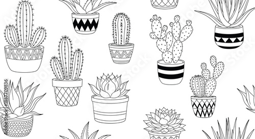 A stylish black and white seamless pattern featuring various hand-drawn cacti and succulents in decorated pots for a modern design.