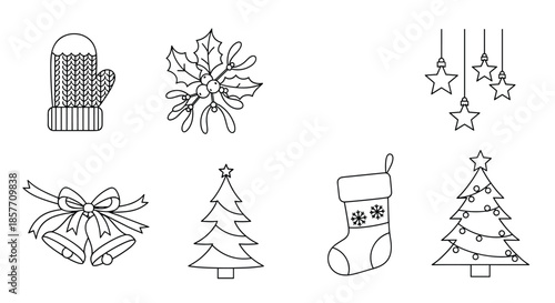 A simple set of eight Christmas and winter holiday icons in a clean black outline style, including a tree, stocking, and bells.