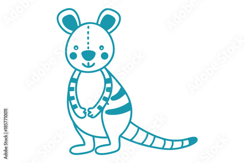 Turquoise stylized quokka stands upright showing belly stripes, with tail outlined against a white background