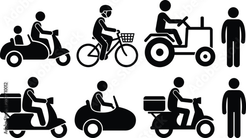 People riding various vehicles and standing alone
