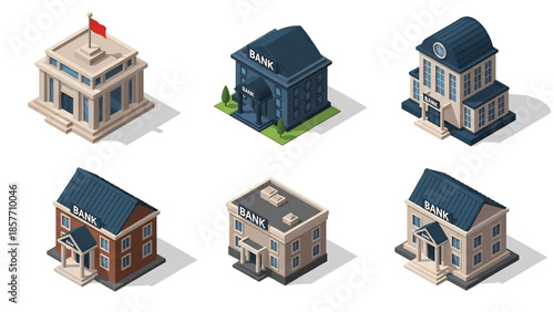 Isometric 3D vector illustration of bank buildings in various architectural styles, modern to classical, isolated on white, ideal for finance and city infographics