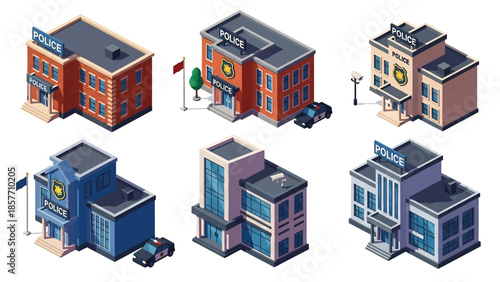 Isometric 3D vector illustration of police station buildings in different architectural styles, isolated on white, ideal for safety and civic graphics