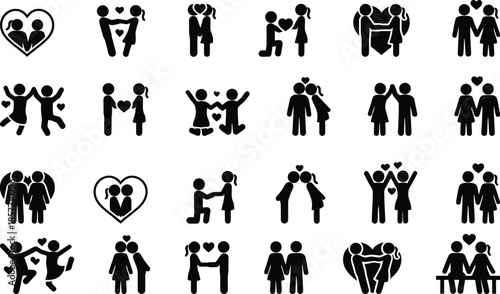 Collection of couple love icon set in black and white