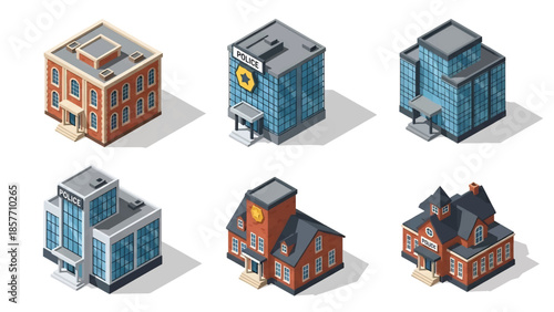 Isometric 3D vector illustration of police station buildings in different architectural styles, isolated on white, ideal for safety and civic graphics