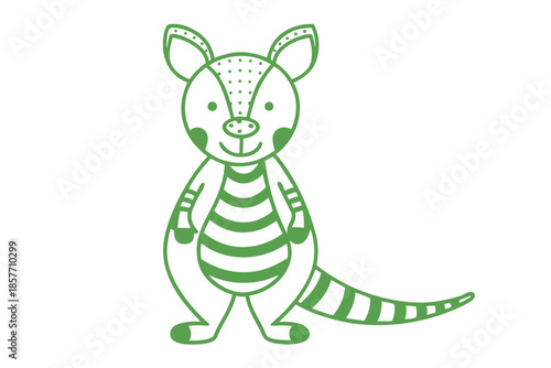 Green armadillo line stands smiling; its striped body and dotted head show clearly