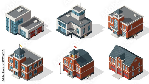 Isometric 3D vector illustration of fire station buildings in various architectural styles, isolated on white, ideal for emergency service infographics