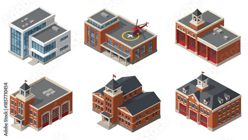 Isometric 3D vector illustration of fire station buildings in various architectural styles, isolated on white, ideal for emergency service infographics