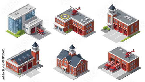 Isometric 3D vector illustration of fire station buildings in various architectural styles, isolated on white, ideal for emergency service infographics