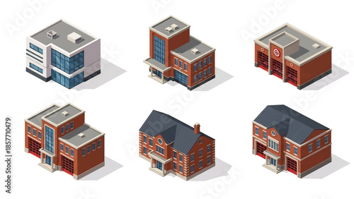 Isometric 3D vector illustration of fire station buildings in various architectural styles, isolated on white, ideal for emergency service infographics