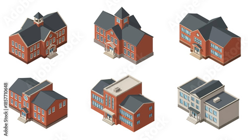 Isometric 3D vector illustration of school buildings in various architectural styles, educational facilities isolated on white, ideal for education graphics