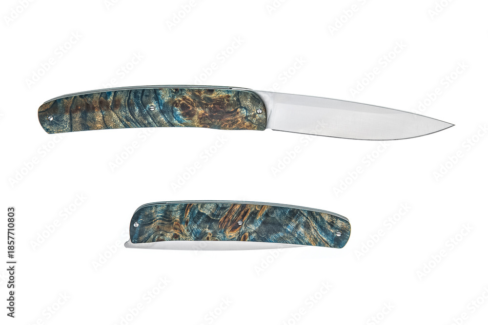 Obraz premium Folding pocket knife featuring a unique blue and gold-toned stabilized wood burl handle, shown in both open and closed positions against a white back