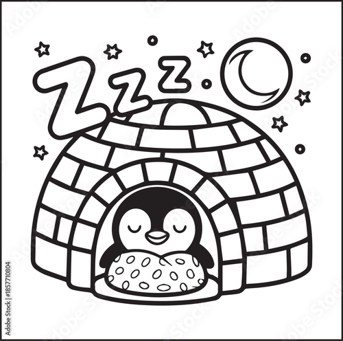 Cute penguin sleeping in igloo black line art vector illustration activity coloring page for kids happiness and relaxing