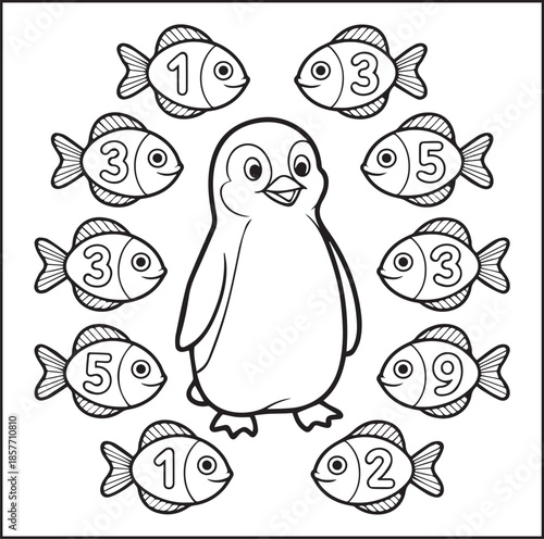 Cute penguin playing with fishes black line art vector illustration activity coloring page for kids happiness and relaxing