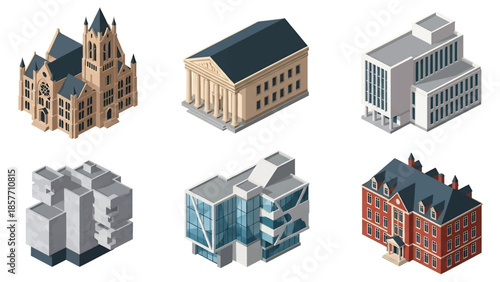 Isometric 3D vector illustration of university buildings in various architectural styles, isolated on white, ideal for higher education and campus visuals