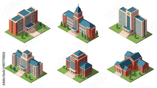 Isometric 3D vector illustration of university buildings in various architectural styles, isolated on white, ideal for higher education and campus visuals