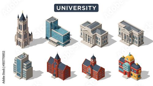 Isometric 3D vector illustration of university buildings in various architectural styles, isolated on white, ideal for higher education and campus visuals