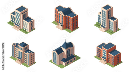 Isometric 3D vector illustration of university buildings in various architectural styles, isolated on white, ideal for higher education and campus visuals