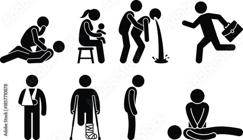 Various people experiencing different injuries and accidents