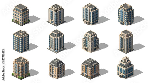 Isometric 3D vector illustration of university buildings in various architectural styles, isolated on white, ideal for higher education and campus visuals