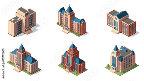 Isometric 3D vector illustration of university buildings in various architectural styles, isolated on white, ideal for higher education and campus visuals