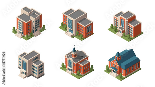 Isometric 3D vector illustration of public library buildings in different architectural styles, isolated on white, ideal for education and knowledge themes