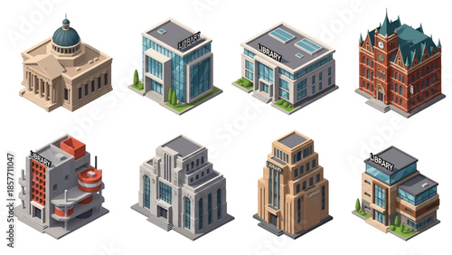 Isometric 3D vector illustration of public library buildings in different architectural styles, isolated on white, ideal for education and knowledge themes