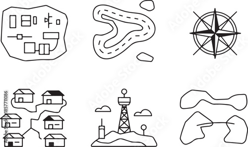 Topographic Mapping and Navigation Icons, Line Art for Cartography, Compass Direction, and Urban Planning