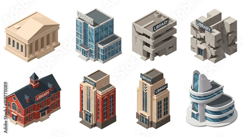 Isometric 3D vector illustration of public library buildings in different architectural styles, isolated on white, ideal for education and knowledge themes
