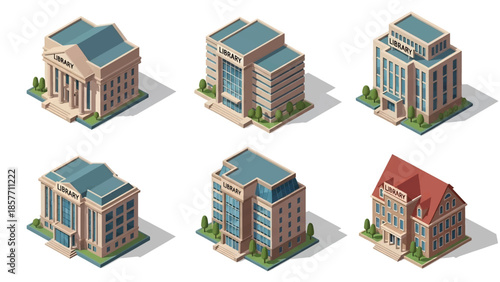 Isometric 3D vector illustration of public library buildings in different architectural styles, isolated on white, ideal for education and knowledge themes