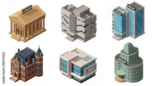 Isometric 3D vector illustration of public library buildings in different architectural styles, isolated on white, ideal for education and knowledge themes