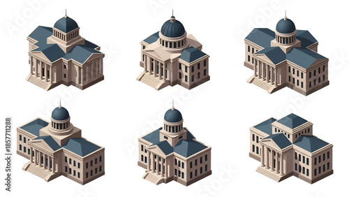 Isometric 3D vector illustration of courthouse buildings in various architectural styles, legal institutions isolated on white, ideal for justice infographics