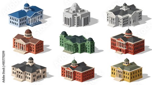 Isometric 3D vector illustration of courthouse buildings in various architectural styles, legal institutions isolated on white, ideal for justice infographics