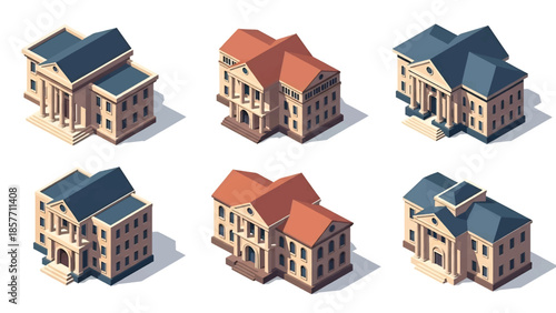 Isometric 3D vector illustration of courthouse buildings in various architectural styles, legal institutions isolated on white, ideal for justice infographics