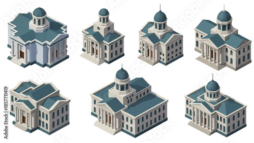 Isometric 3D vector illustration of courthouse buildings in various architectural styles, legal institutions isolated on white, ideal for justice infographics