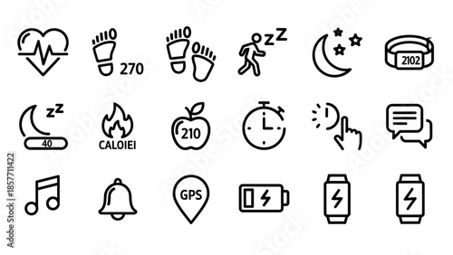 Collection of health and fitness tracking icons on white background.
