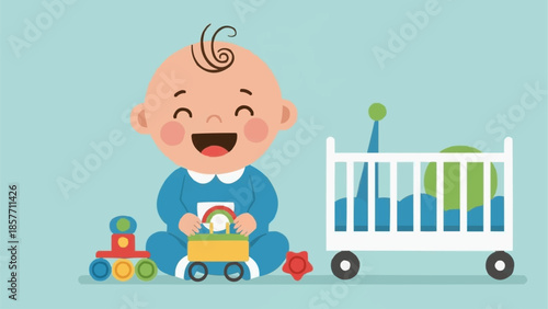 Happy Baby Playing with Toys Next to a Crib.