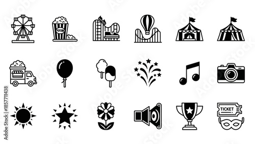 Amusement Park Icons Collection - Ferris Wheel, Popcorn, Roller Coaster, Hot Air Balloon, Circus Tent, Food Truck, Balloon, Ice Cream, Fireworks, Music Note, Ca