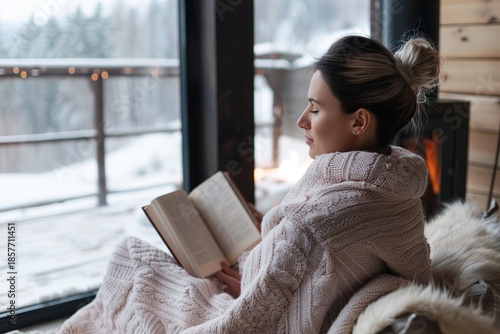 Wallpaper Mural Sitting comfortably wrapped in a warm blanket, a person enjoys reading a book by a crackling fireplace while snow gently falls outside the window, creating a peaceful winter scene Torontodigital.ca