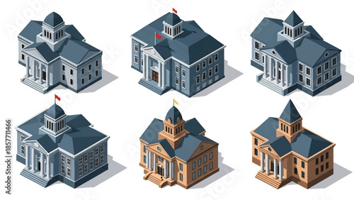 Isometric 3D vector illustration of courthouse buildings in various architectural styles, legal institutions isolated on white, ideal for justice infographics