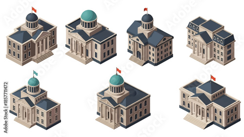 Isometric 3D vector illustration of courthouse buildings in various architectural styles, legal institutions isolated on white, ideal for justice infographics