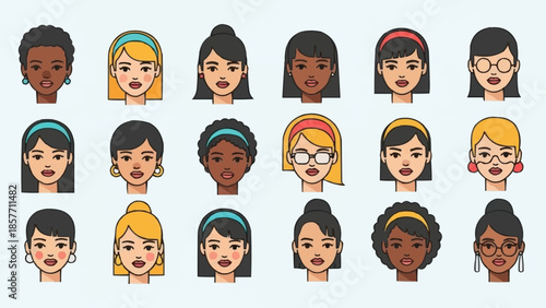 Diverse Collection of Womens Portraits in Cartoon Style.