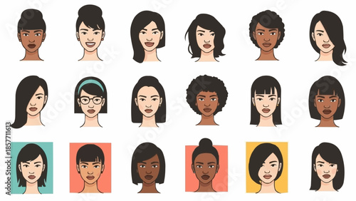Diverse Collection of Womens Faces - A Study in Hairstyle and Ethnicity.