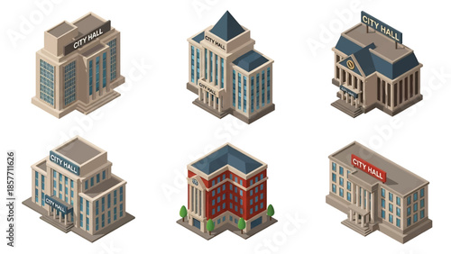 Isometric 3D vector illustration of city hall buildings in various architectural styles, municipal government isolated on white, ideal for civic visuals