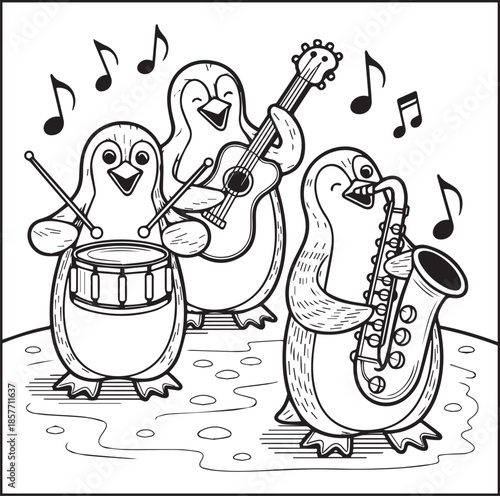 Cute penguins enjoying music together with guitar black line art vector illustration activity coloring page for kids happiness and relaxing