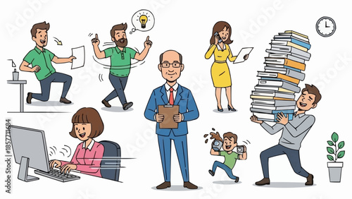 Busy Office Workers Illustration - A Depiction of Workplace Stress and Productivity.