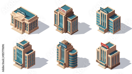 Isometric 3D vector illustration of city hall buildings in various architectural styles, municipal government isolated on white, ideal for civic visuals