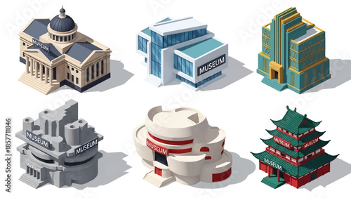 Isometric 3D vector illustration of museum buildings in different architectural styles, cultural institutions isolated on white, ideal for art and culture visuals