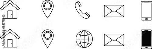 Contact icons, communication symbols, address, phone, email, website, location pin, smartphone, flat vector