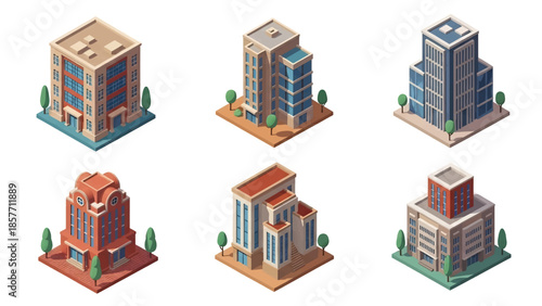 Isometric 3D vector illustration of museum buildings in different architectural styles, cultural institutions isolated on white, ideal for art and culture visuals